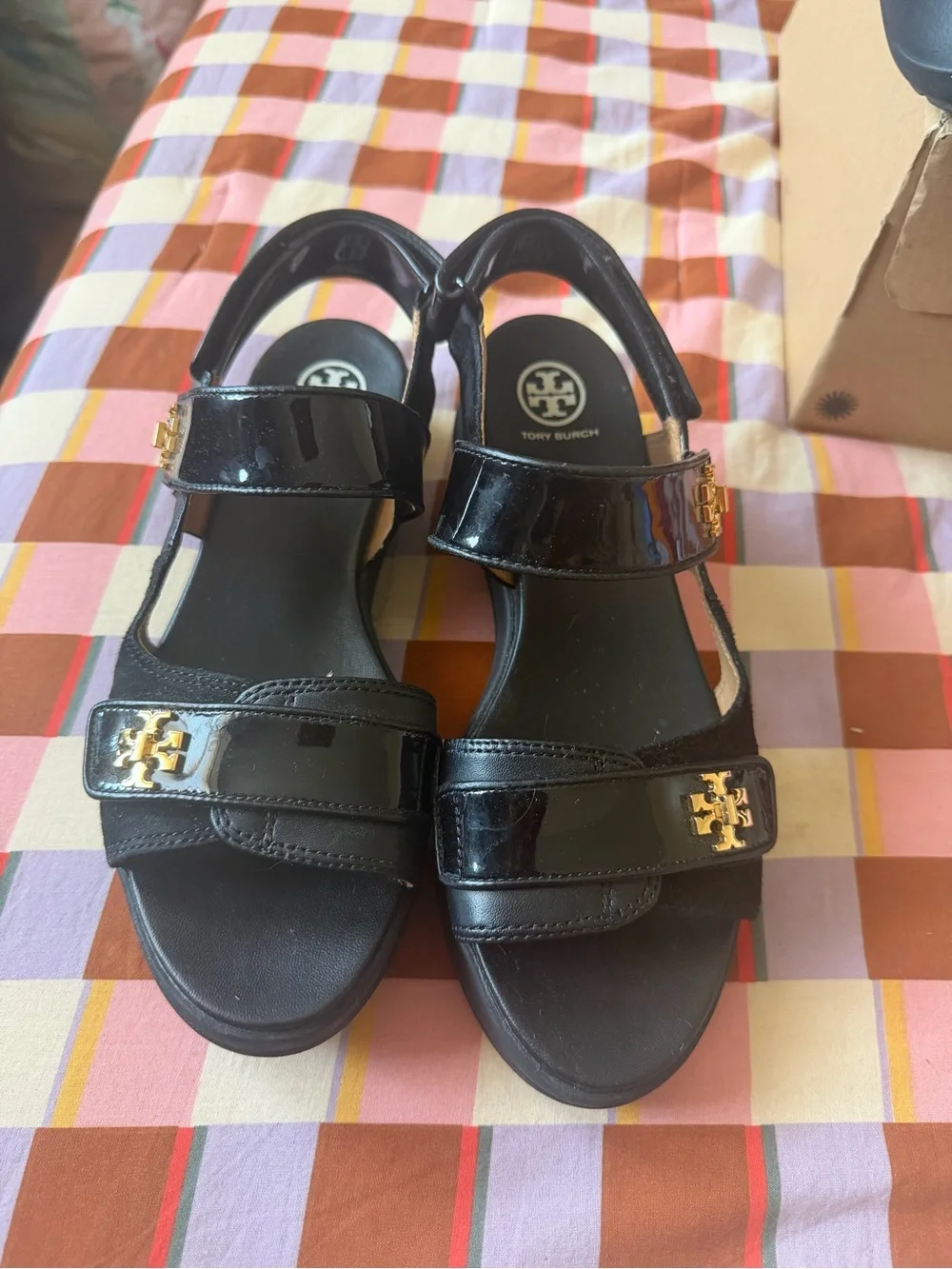 Tory Burch Black Patent Leather Sandal with Gold Logo Accents